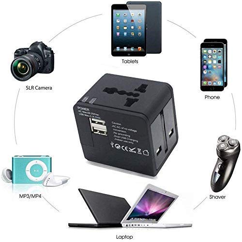 EYUVAA International Travel Adapter with Dual USB Charger Ports Worldwide Charger Power Plug for Mobile Phone, Laptop, Camera & Tablet Travelers to The US, Europe, UK & More (Black)