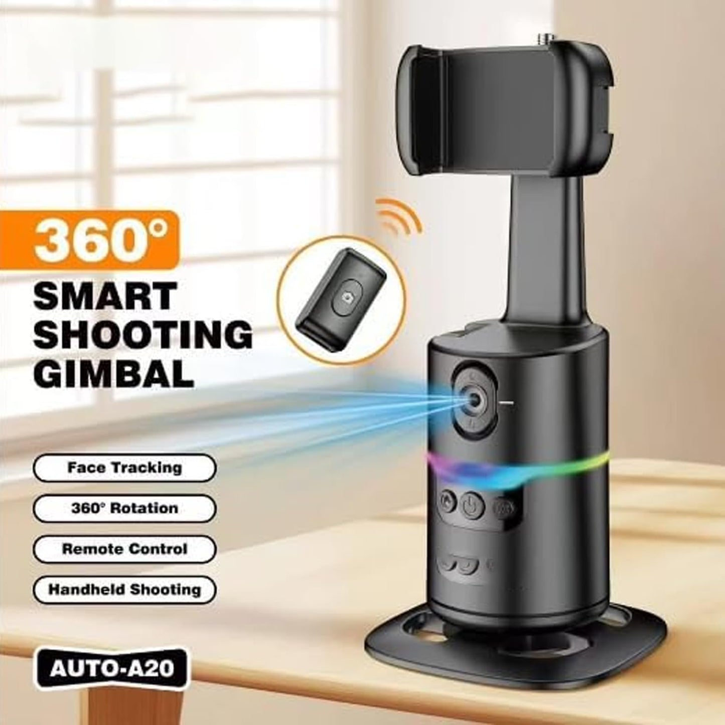 CHAMPKIA 360° Smart Shooting Gimbal with Face & Object Tracking,Auto-Rotation Tripod Stand, Rechargeable Battery & Glowing Lights, Ideal for Vlogging, Live Streaming & Video Calls