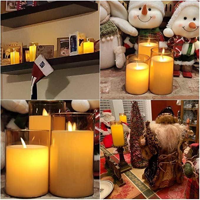 EYUVAA Flameless LED Pillar Candles Set of 3, Battery Operated Acrylic Glass Candles, Real Wax Look, Flickering LED Flame Light, Perfect for Home, Festive, Wedding, Diwali, and Party Decor