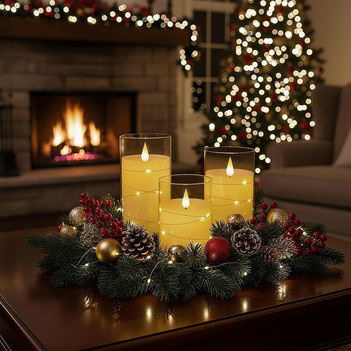 DECOVAA Acrylic Glass Candle Set of 3 with Embedded String Lights| Flickering Pillar Candles (D2” x H4”,5”,6”)| Battery Operated Led Candles for Home, Diwali & Wedding Décor (Transparent)