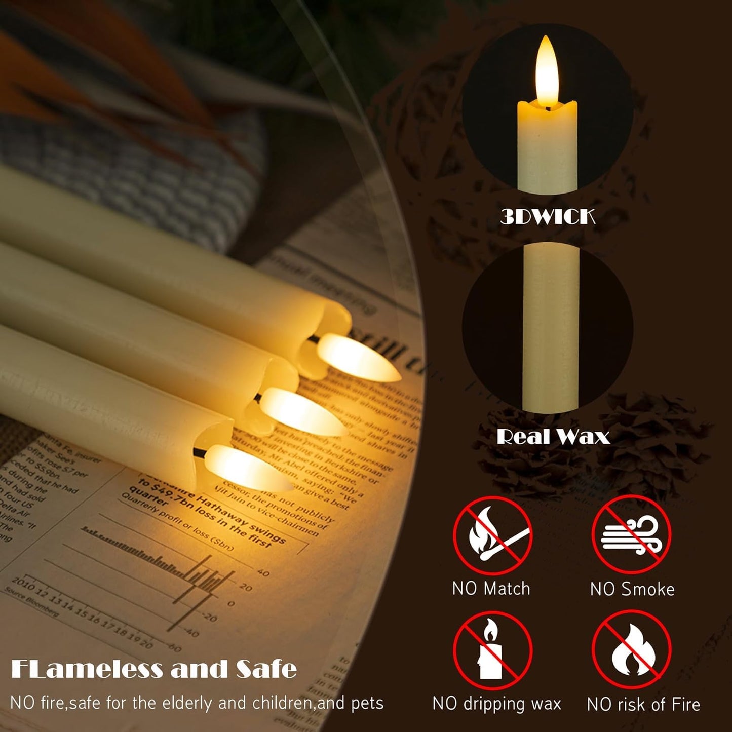 EYUVAA Flameless LED Taper Candle with Realistic 3D Moving Flame| 9 Inch Battery Powered Dripless Candle for Home Décor, Wedding & Festival Use