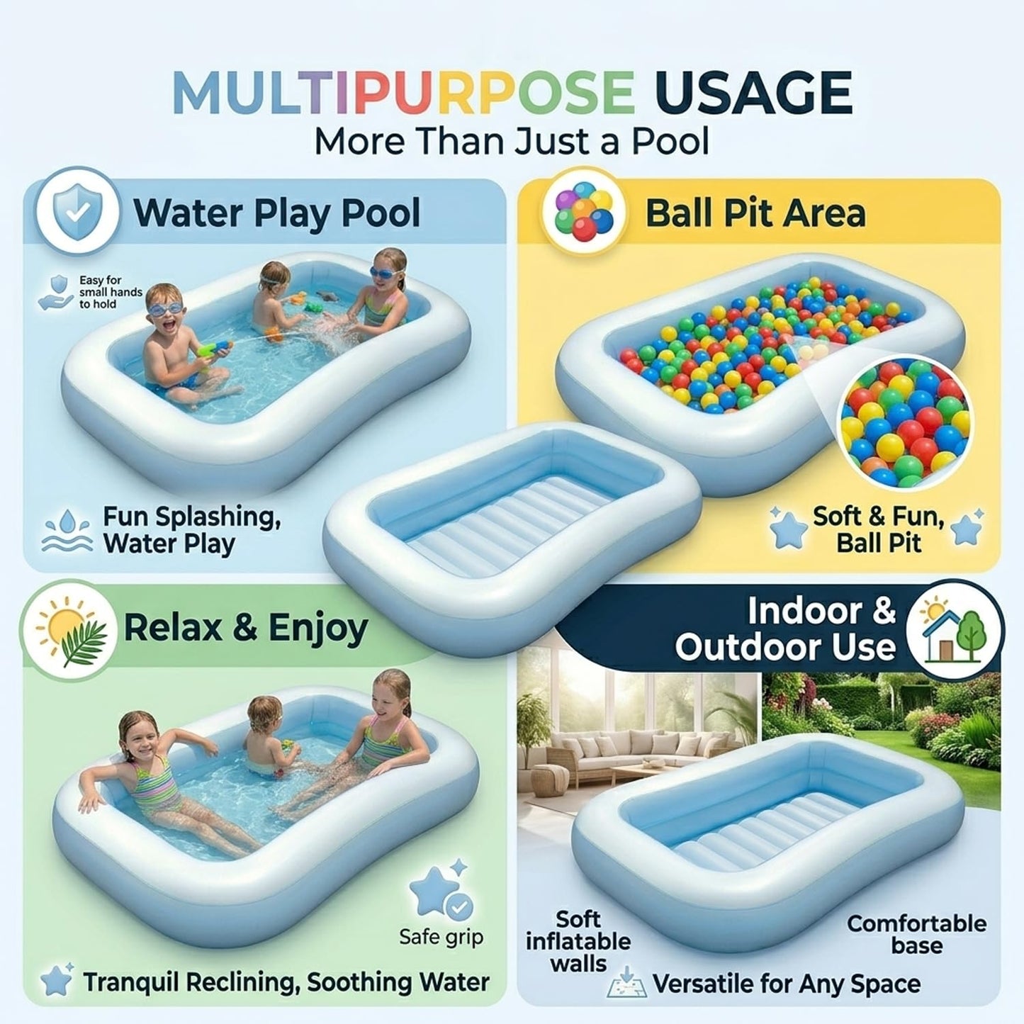 EYUVAA Rectangular Inflatable Pool for Kids | Full-Sized Swimming Bathtub, Outdoor Backyard Water Play, Summer Fun, Durable Child-Safe PVC, Quick Inflate & Deflate Pool (5.5 Feet)