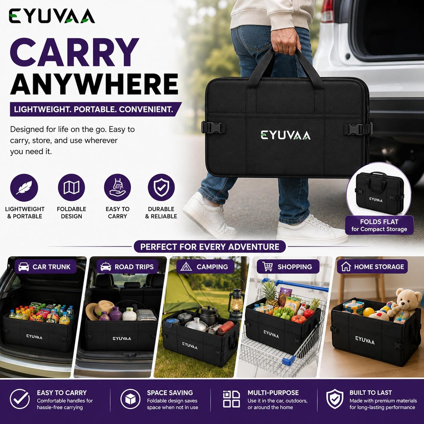 EYUVAA Foldable Car Diggi Organizer with 3 Compartments, Premium Oxford Fabric Car Trunk Storage Organizer with Carry Handles for SUV, Sedan, Hatchback & MPV, Black