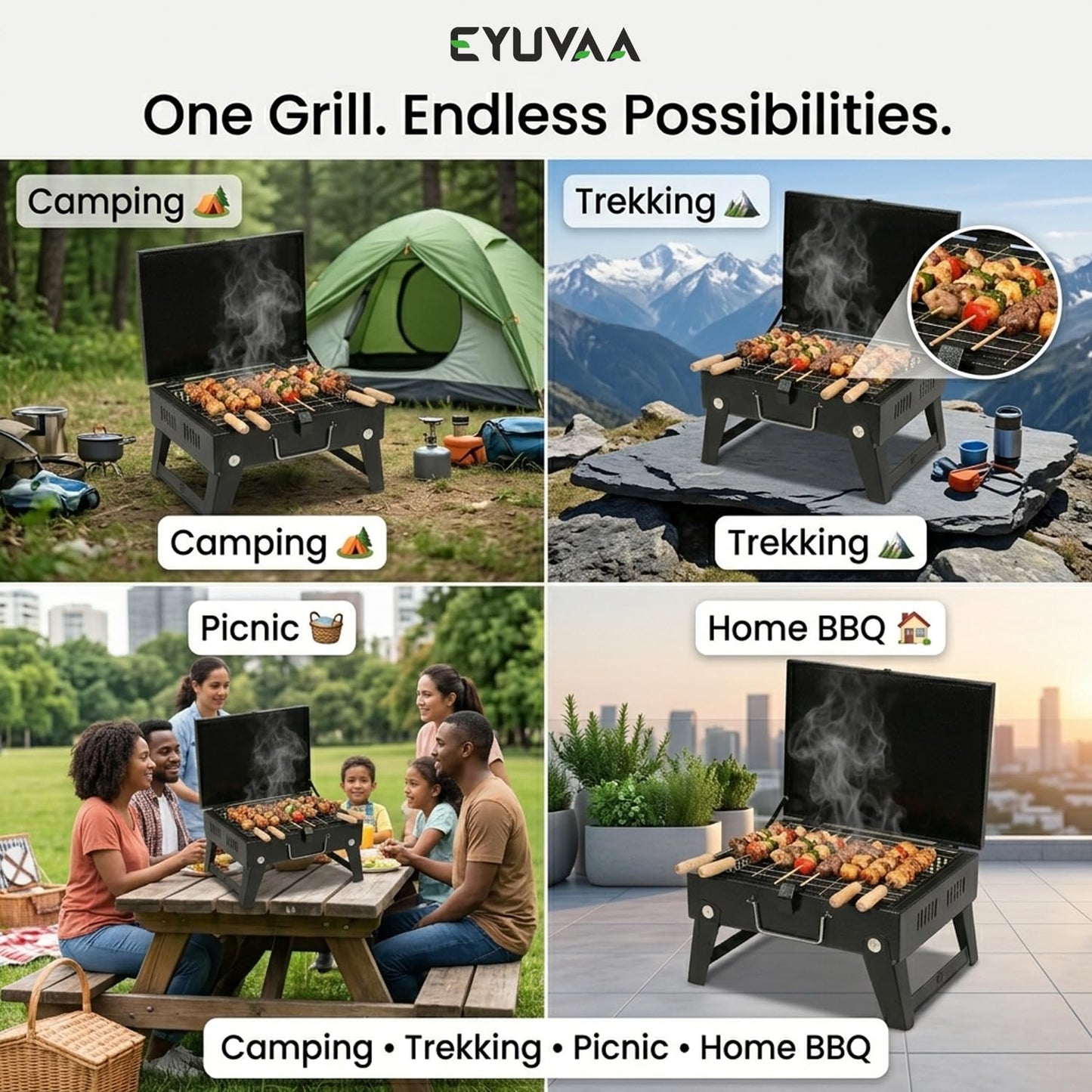 EYUVAA Portable Foldable Charcoal Barbeque Grill with Stand | Heavy Duty BBQ Set with 5 Skewers, Tongs & Glove | Compact Outdoor Grill for Camping, Picnic, Travel, Terrace & Home Cooking