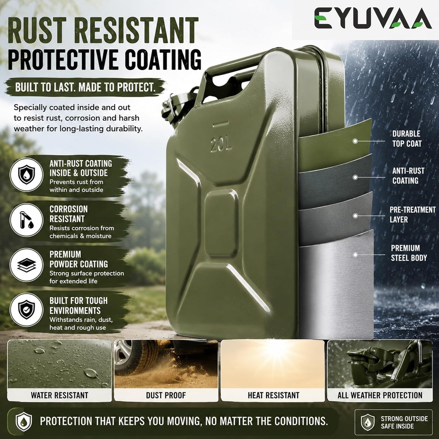 EYUVAA 20L Metal Jerry Can, Heavy Duty Metal Fuel Storage Container for Petrol, Diesel, Kerosene & Motor Oil, Leakproof Locking Cap, Military Style Rust Resistant Portable Fuel Can, Olive Green