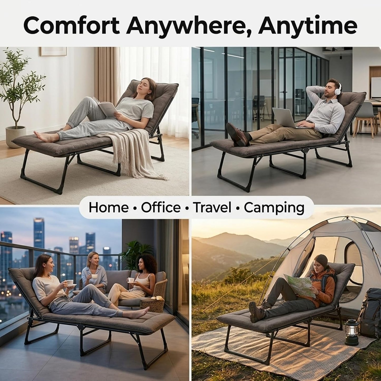 EYUVAA Folding Recliner Bed for Adults,5-Position Adjustable Folding Bed,Heavy Duty 150KG Capacity Metal Frame Camping Cot,Foldable Sleeping Bed for Home, Office, & Travel Use