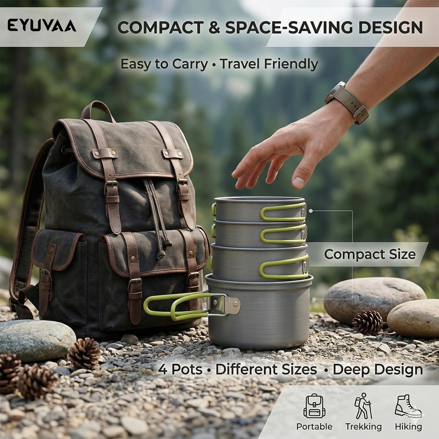 EYUVAA Camping Cookware Set 4 Pcs, Portable Steel Cooking Pot Set, Lightweight Outdoor Cooking Kit for Camping, Hiking, Trekking, Picnic, Backpacking & Travel Kitchen Essentials