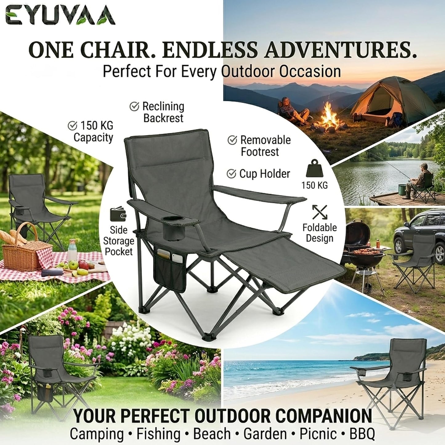 EYUVAA Folding Reclining Camping Chair with Footrest, Portable Outdoor Lounge Chair with Cup Holder & Side Pocket, Heavy Duty Steel Frame, Foldable Fishing Beach Garden Chair (Multicolour)