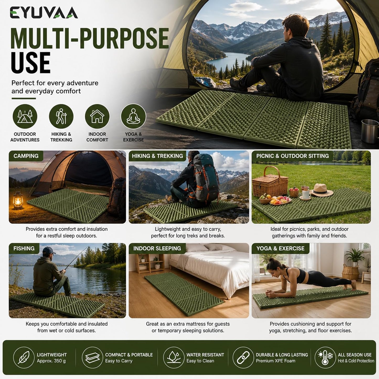 EYUVAA Camping Sleeping Mat, Foldable Waterproof Sleeping Pad, Lightweight Camping Mattress with Egg Crate Design for Hiking, Trekking, Backpacking, Tent Camping & Outdoor Travel