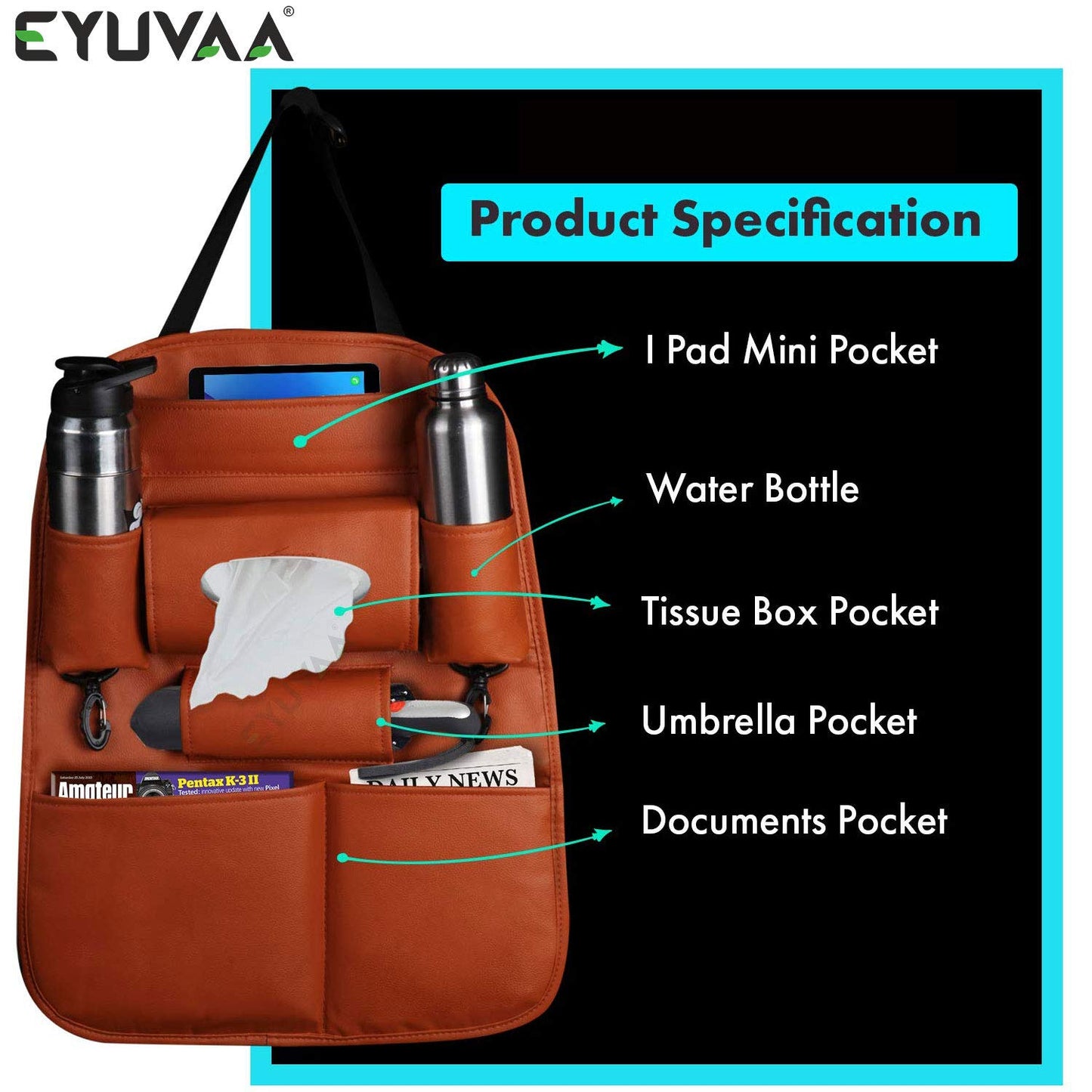 PU Leather Multifunctional Car Back Seat Storage Organizer with Tissue Box, Tablet, Bottle, Umbrella Holder Pockets (Tan)