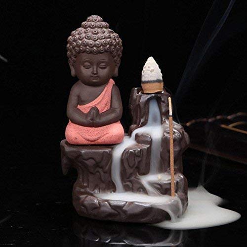 EYUVAA Meditating Monk Buddha Smoke Backflow Cone Incense Holder Decorative Showpiece with 5 Free Smoke Backflow Scented Cone Incenses ( Pink)