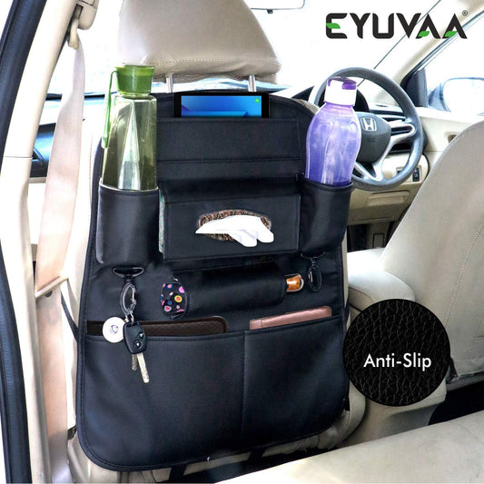 PU Leather Multifunctional Car Back Seat Storage Organizer with Tissue Box, Tablet, Bottle, Umbrella Holder Pockets (Black)