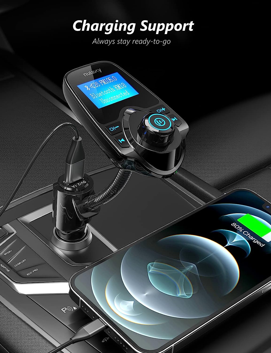 EYUVAA Car FM Transmitter Bluetooth Audio Adapter Wireless Receiver & Car Charger for Mp3 Music Player, Hand Free Call and Phone Charging (Black)