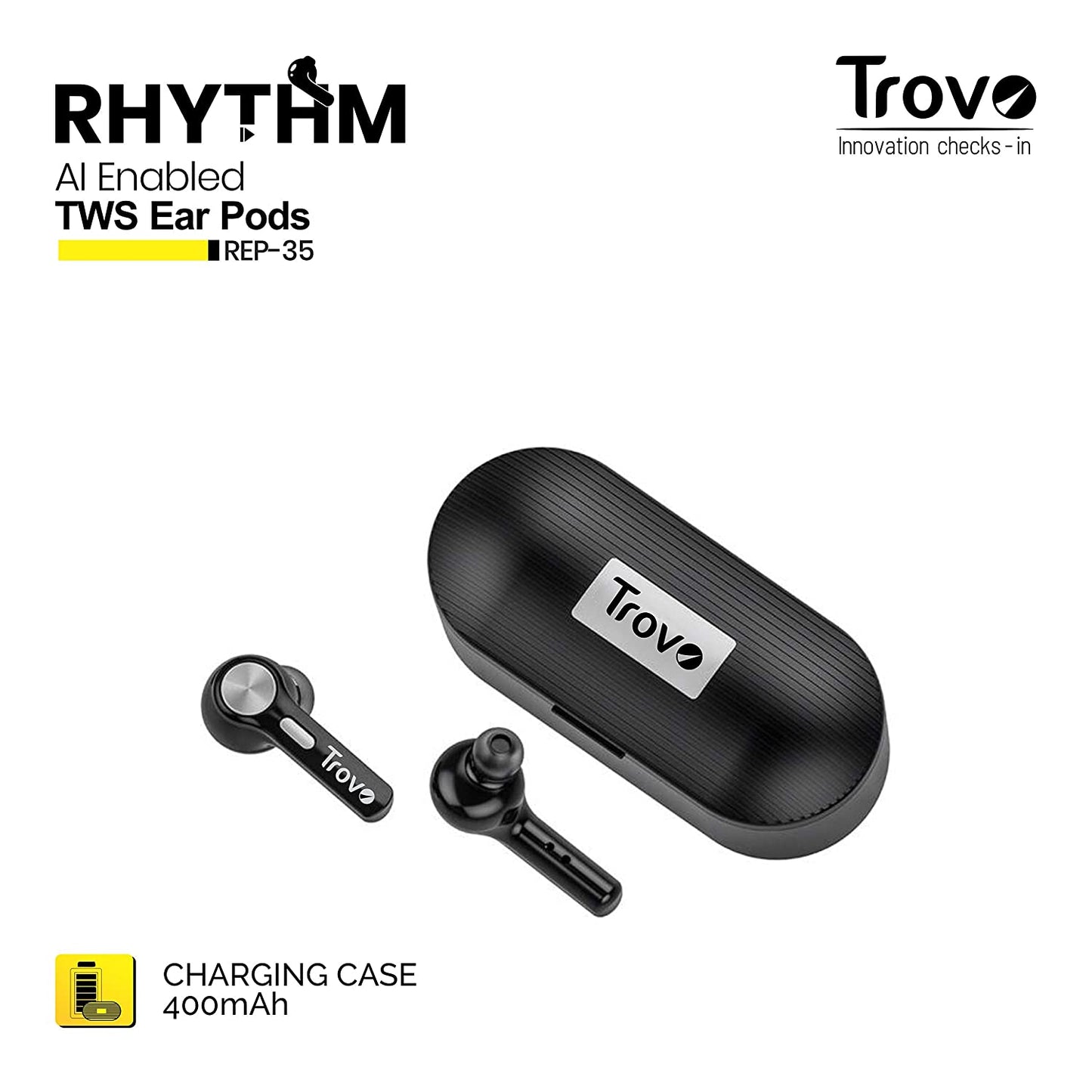 REP-35 Rhythm True Wireless Voice Assistant Bluetooth Headset with Mic & Charging Box (Black)