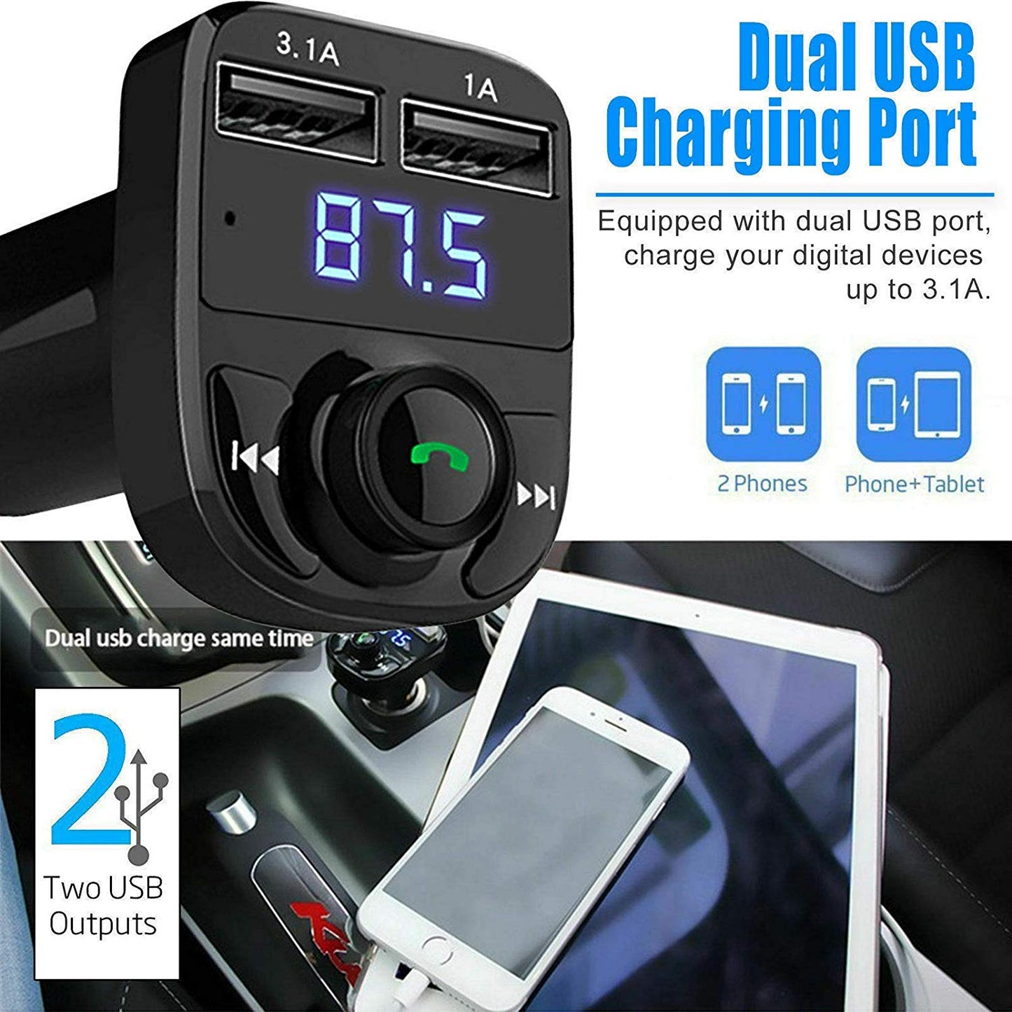 EYUVAA Wireless Car FM Transmitter with Bluetooth and USB, Handsfree Call, Car Charger, Mp3 Music Stereo Adapter, Dual USB Port Charger Compatible for All Smartphones