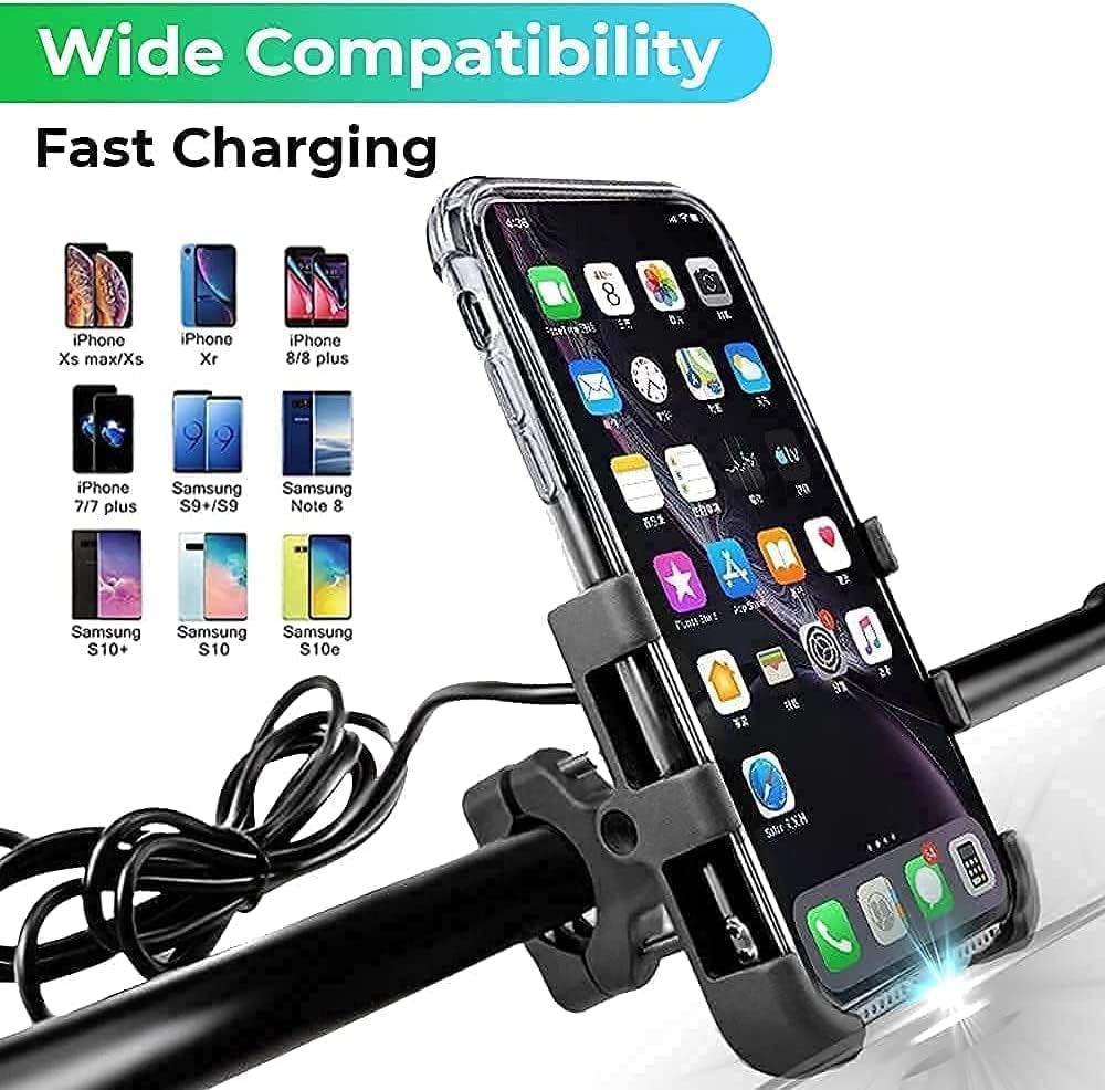 EYUVAA Metal Bike Phone Holder with USB Charger Handlebar Cradle Stand for Bicycle its All Smartphones