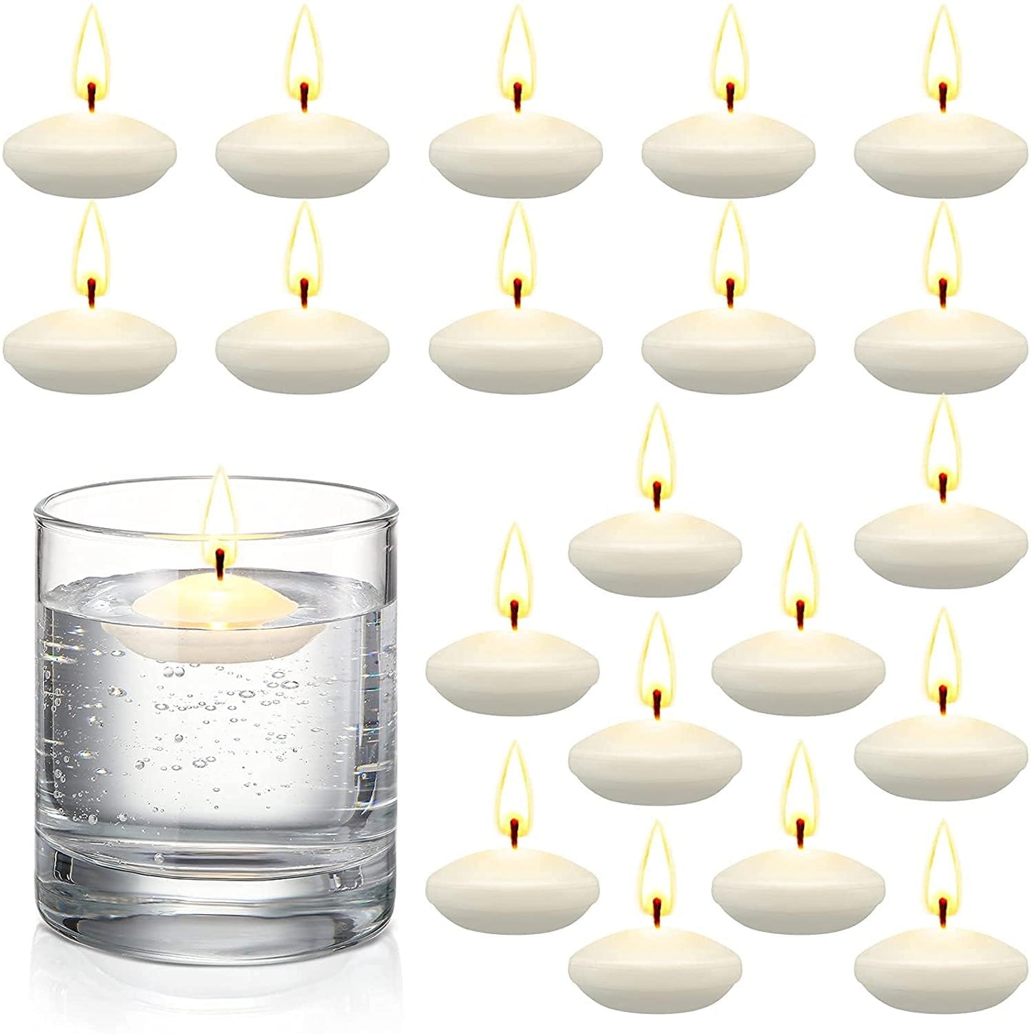 EYUVAA Wax 4 Hrs Burning Floating Candles for Decoration, Unscented Smokeless Dripless Candles for Diwali, Cylinder Vases, Wedding, Party, Pool, Festival (White, Set of 20)