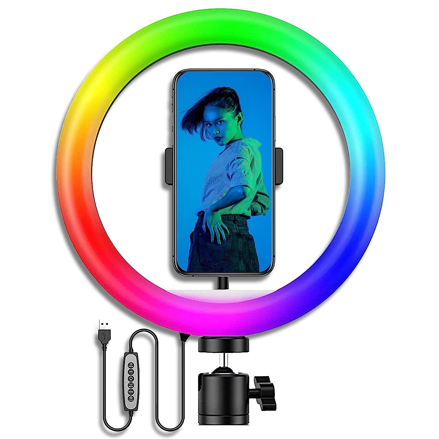 10 Inch RGB Ring Light 3200-6500K with Ball head Phone Holder