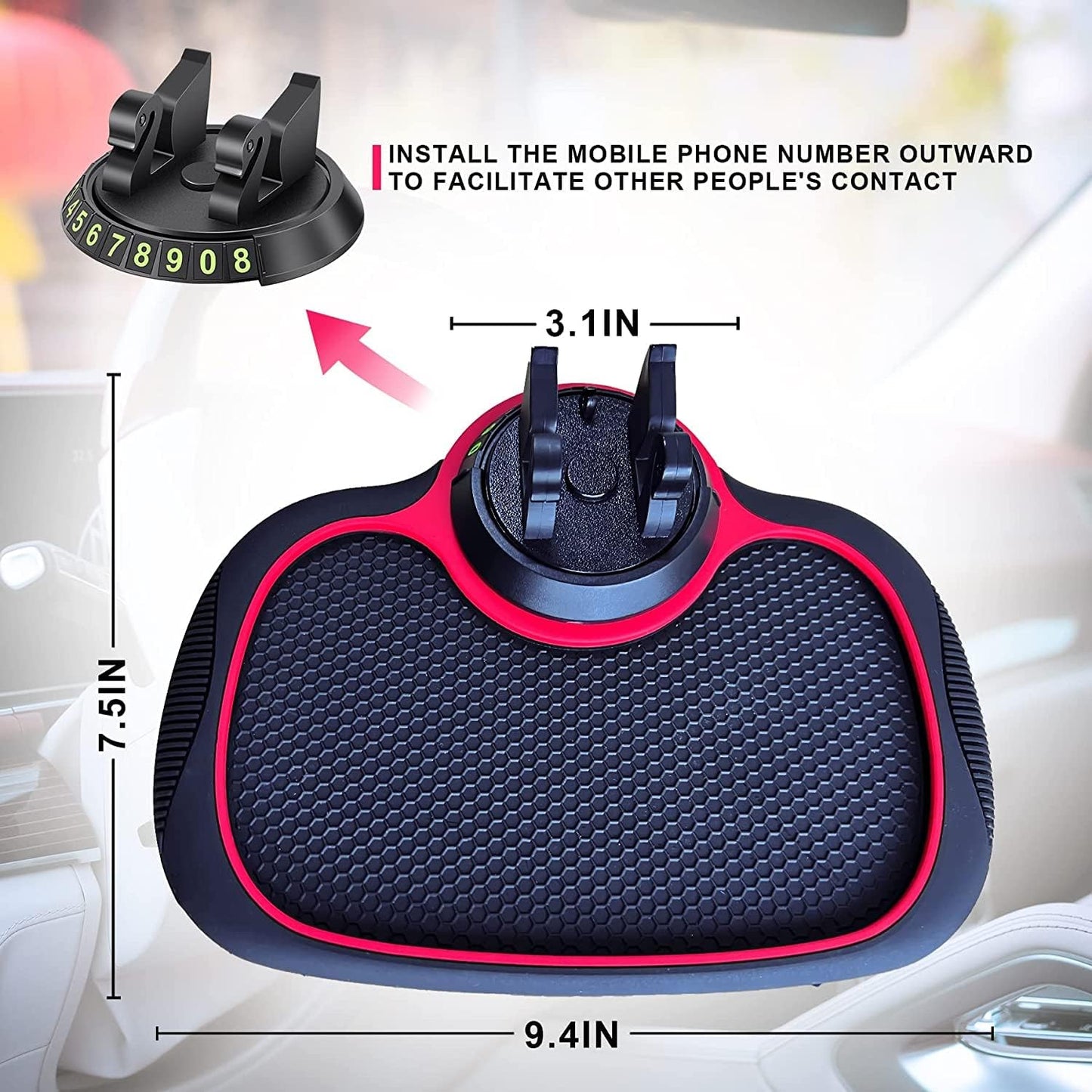 Anti-Slip Car Dashboard Mat with Rotating Phone Holder & Contact Number Stander (Black)