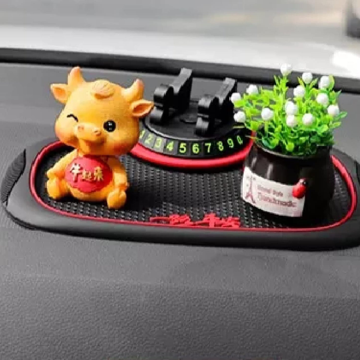 Anti-Slip Car Dashboard Mat with Rotating Phone Holder & Contact Number Stander (Black)