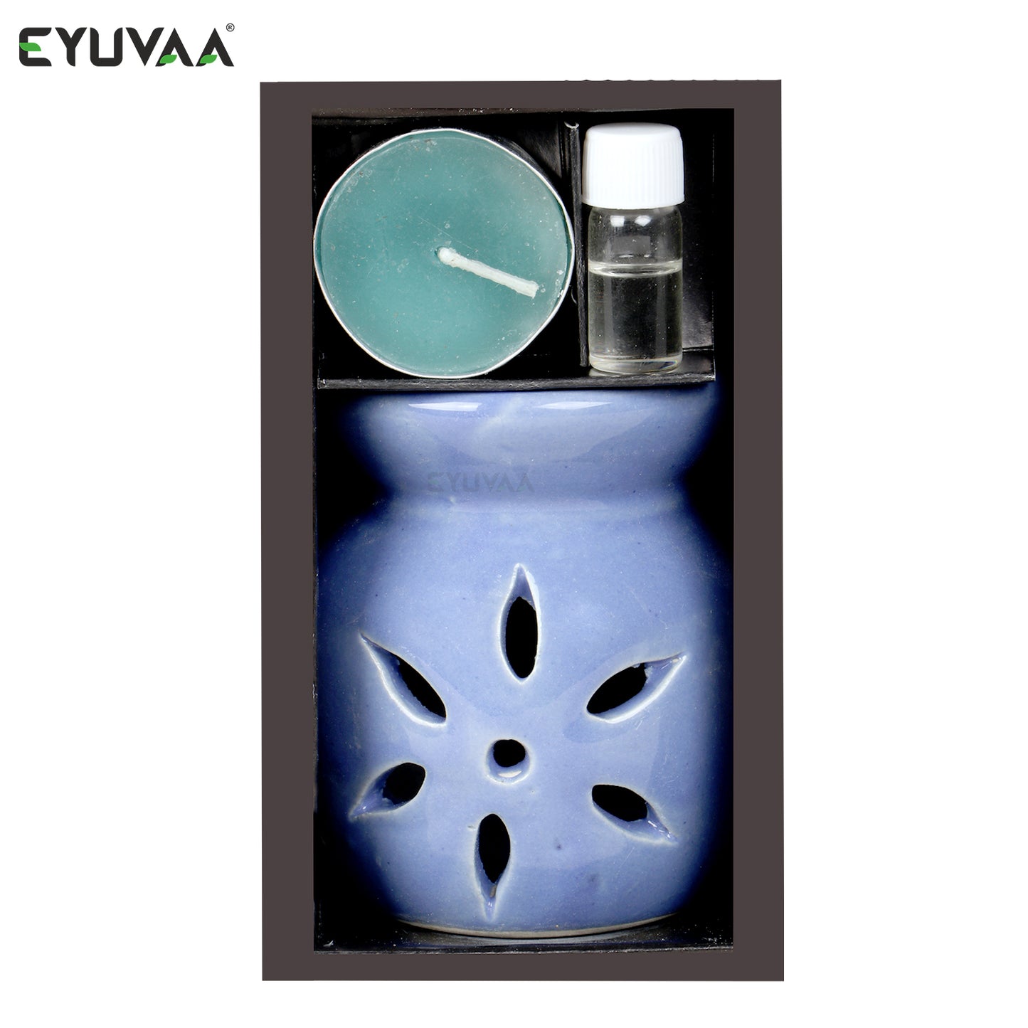 Combo Pack of Colored Ceramic Diffuser with Tea Light Candle & Aroma Oil (Blue)