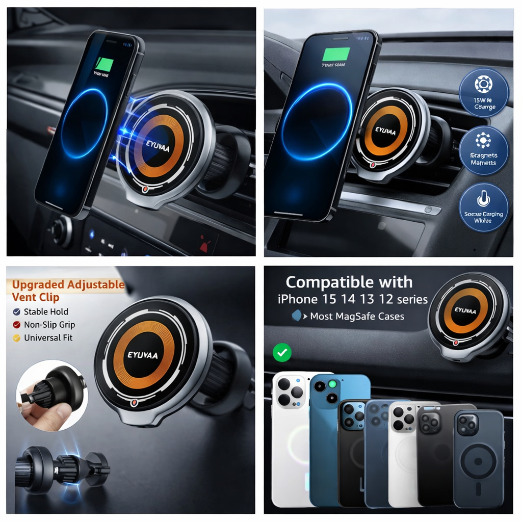 EYUVAA Magnetic Car Phone Holder with 15W Fast Wireless Charging, 360° Rotatable AC Vent & Dashboard Mount, Compatible with MagSafee & All Smartphones