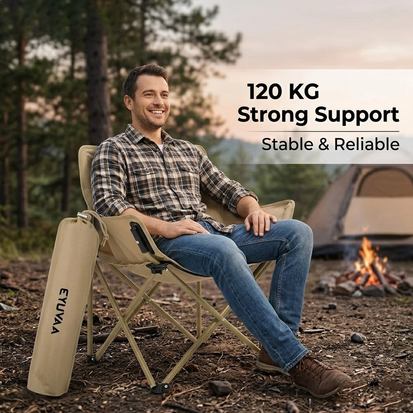 EYUVAA Heavy-Duty Camping Chair Foldable| Lightweight Portable with Side Pocket| Strong Steel Frame Holds up to 120 KG| Oxford Fabric Outdoor Chair for Hiking, Beach, Garden & Travel(Random Colour)