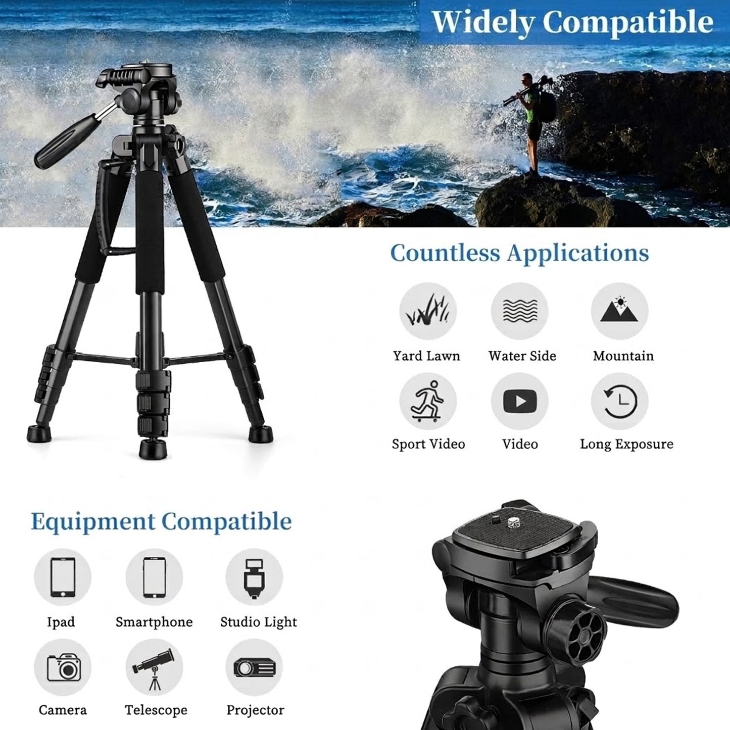 EYUVAA Heavy-Duty Tripod Stand for Phone & Cameras with Mobile Holder| 360° Rotatable Ball Head Mount with Adjustable Height Upto 83 Inch| Tripod Stand for vlogging, Photography & Videography