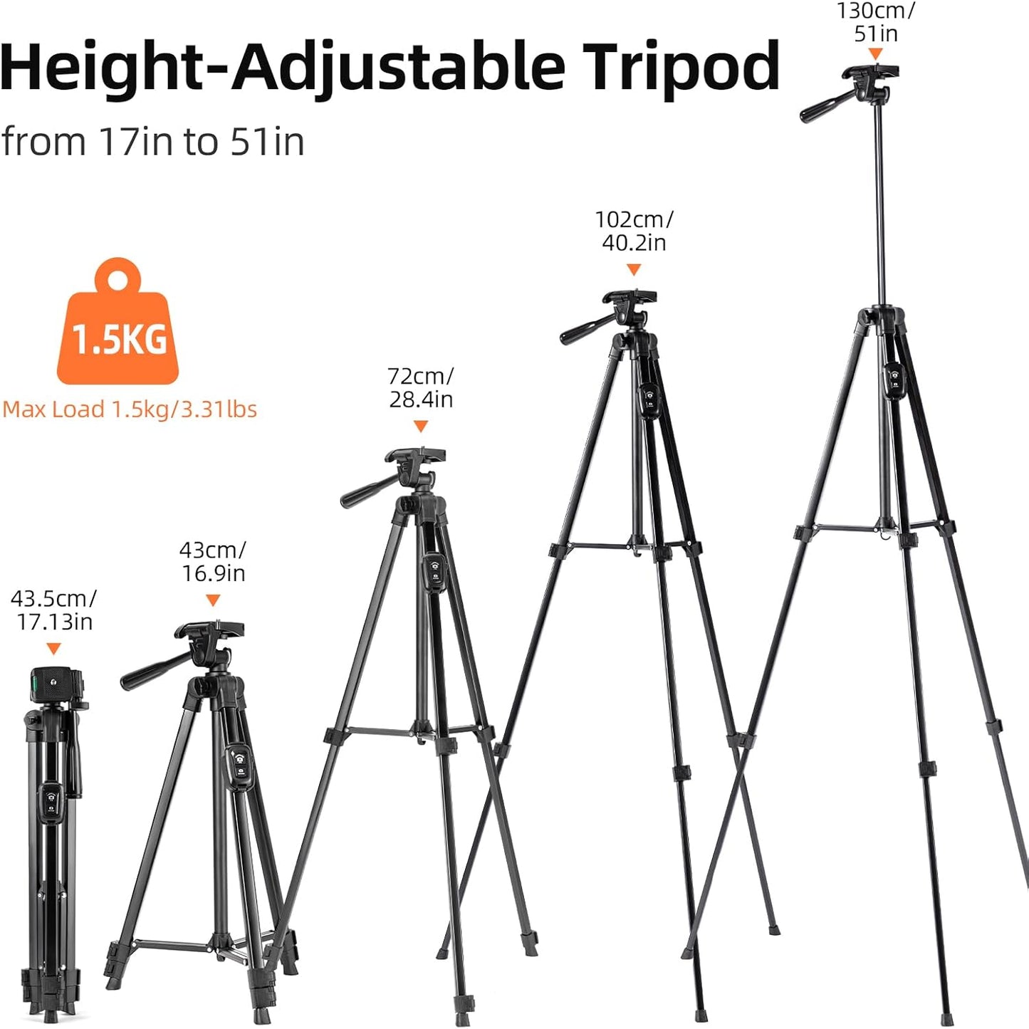 EYUVAA Tripod Stand with Remote & 360° Rotation Phone Holder Mount| Aluminium Alloy with Extend Upto 51Inch/ 130CM Adjustable Height| Tripod Stand for Mobile, Video Camera & Ring Lights
