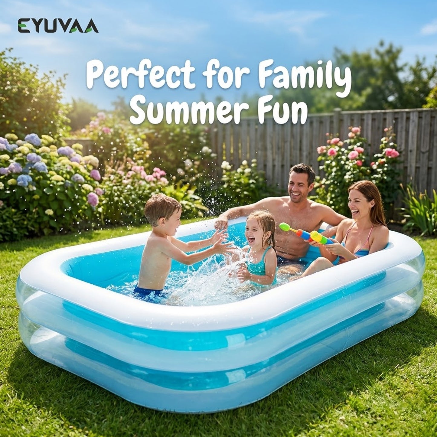EYUVAA Inflatable Family Swimming Pool for Kids & Adults| Large Rectangular Pool (8.5 x 5.75 Feet) with 2 Air Chambers| Thick PVC Swimming Bathtub for Kids Playing, Backyard, Garden Use