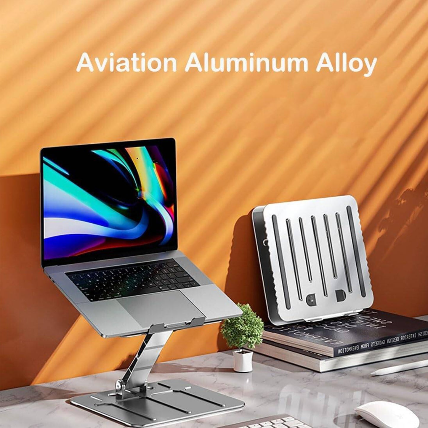 EYUVAA Heavy-Duty Metal Laptop Stand | Foldable & Adjustable Ergonomic Design with Anti-Slip Silicon Pads, Aluminium Alloy Riser with 17″ Laptops for Desk, Home, Office