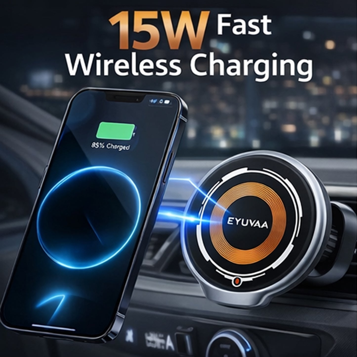 EYUVAA Magnetic Car Phone Holder with 15W Fast Wireless Charging, 360° Rotatable AC Vent & Dashboard Mount, Compatible with MagSafee & All Smartphones