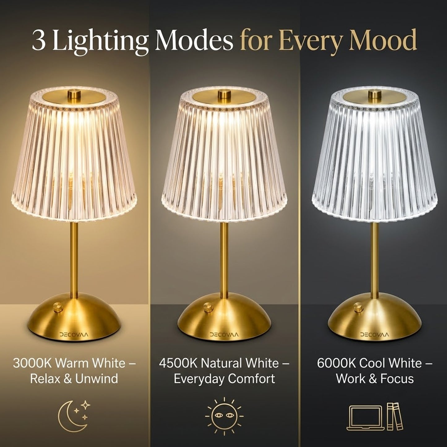 DECOVAA LED Table Lamp with 3-Colour Modes| USB Rechargeable Desk Lamp with Touch Sensor| Modern Crystal Table Lamp| Cordless Portable Bedside Lamp for Bedroom, Living Room, Office & Home Decor