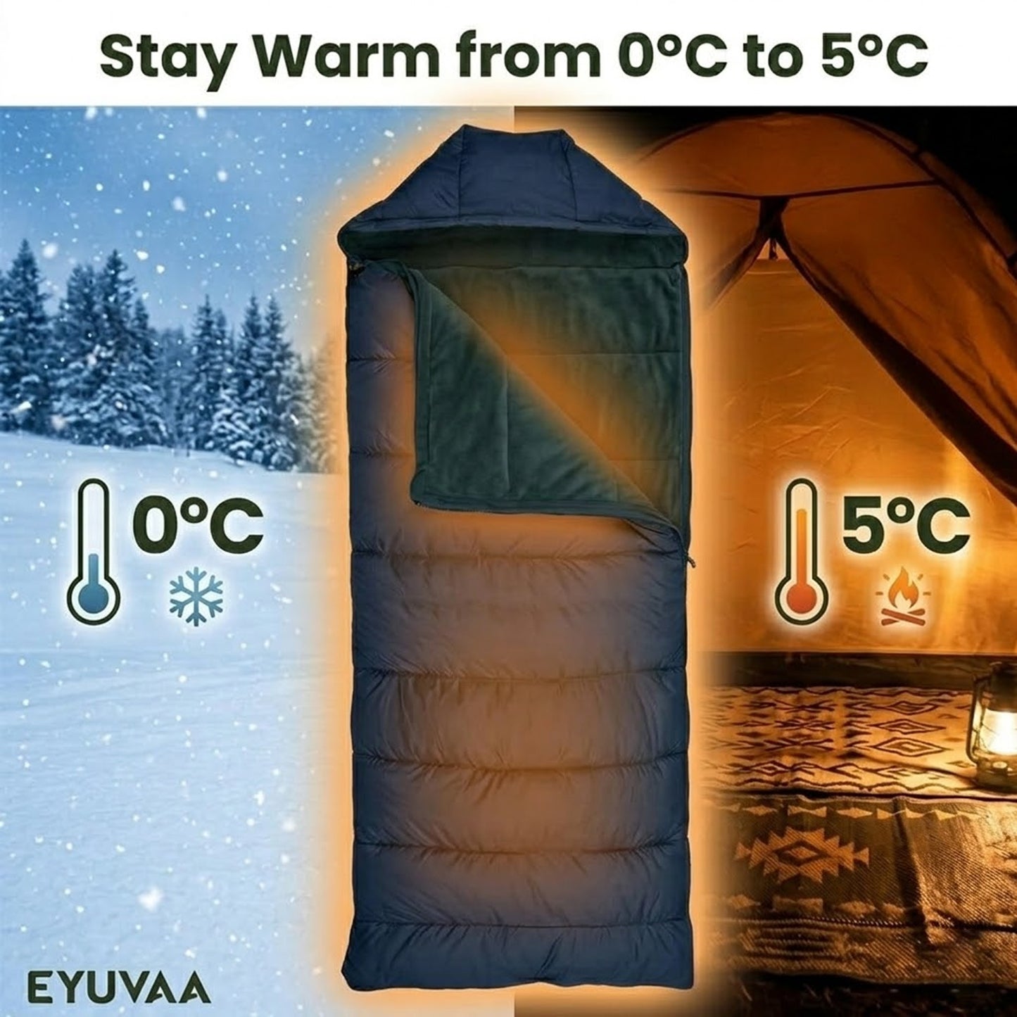 EYUVAA Camping Sleeping Bag for Adults| Lightweight Waterproof Bag with Hood for 0°C to +5°C| Portable & Compact Bed with Carry Bag for Travelling, Trekking & Hiking