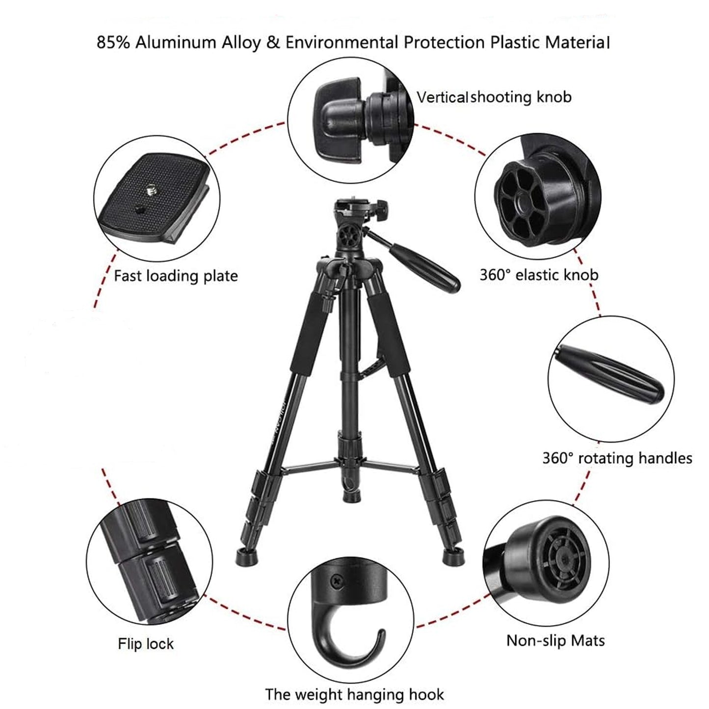 EYUVAA Adjustable Tripod Stand for Camera with 360° Rotation Mobile Holder| Aluminium Alloy Legs with Rubberized Feet & Flip Locks| Tripod for Mobile Phones, GoPro & Video Cameras