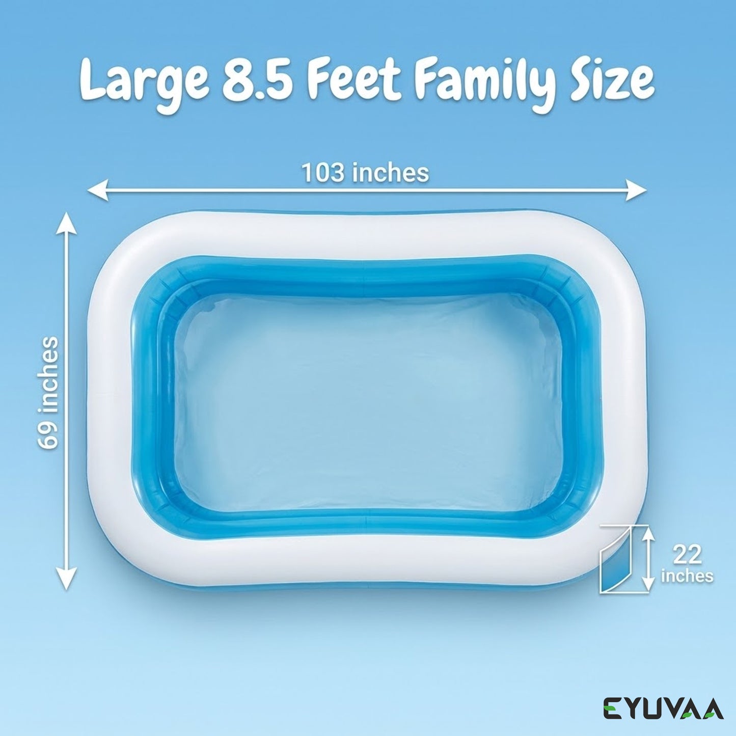 EYUVAA Inflatable Family Swimming Pool for Kids & Adults| Large Rectangular Pool (8.5 x 5.75 Feet) with 2 Air Chambers| Thick PVC Swimming Bathtub for Kids Playing, Backyard, Garden Use