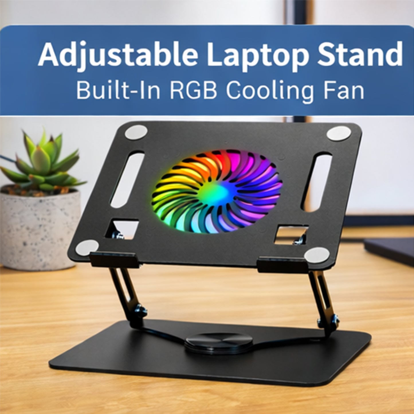 EYUVAA Metal Laptop Stand with Cooling Fan & RGB Light | 360° Rotation with Adjustable Height, Compatible with 10-17 inch Laptops Stand for Gaming, Table, Office (Black)