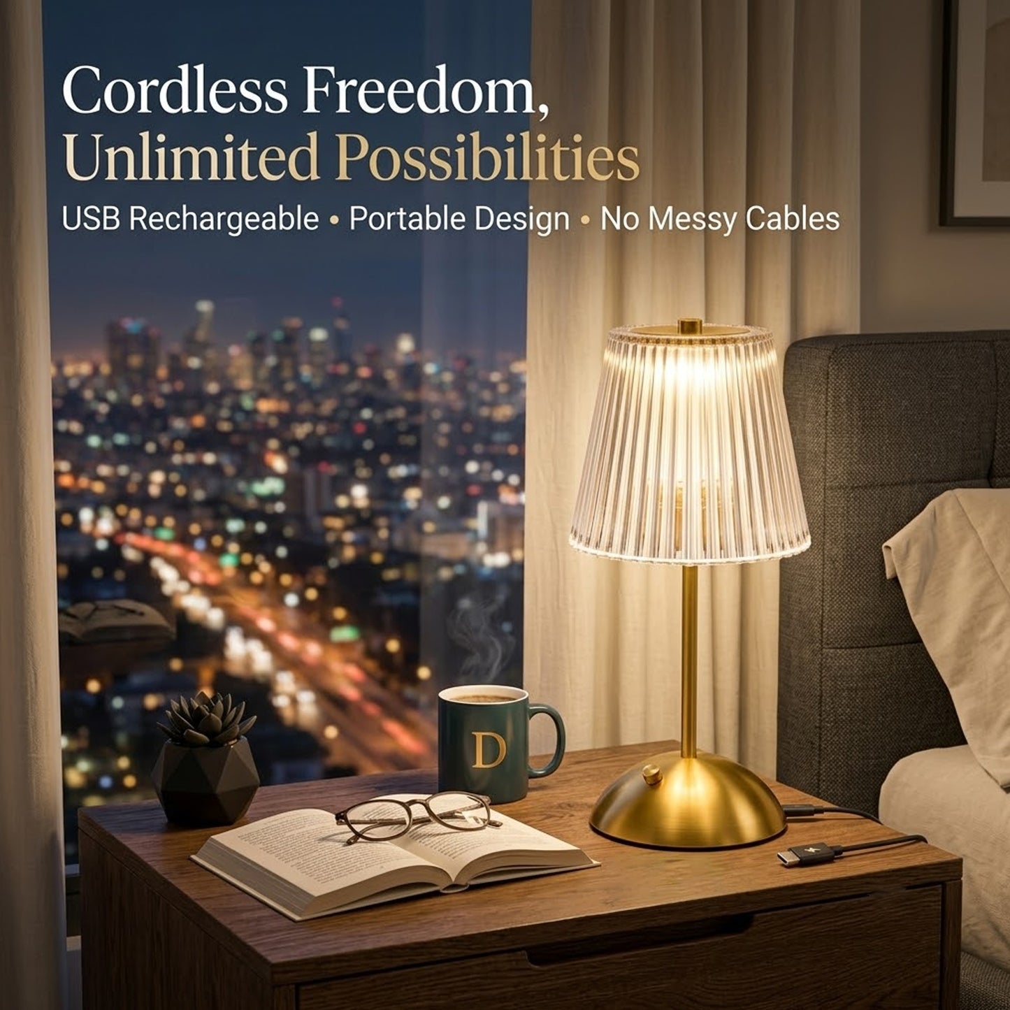 DECOVAA LED Table Lamp with 3-Colour Modes| USB Rechargeable Desk Lamp with Touch Sensor| Modern Crystal Table Lamp| Cordless Portable Bedside Lamp for Bedroom, Living Room, Office & Home Decor
