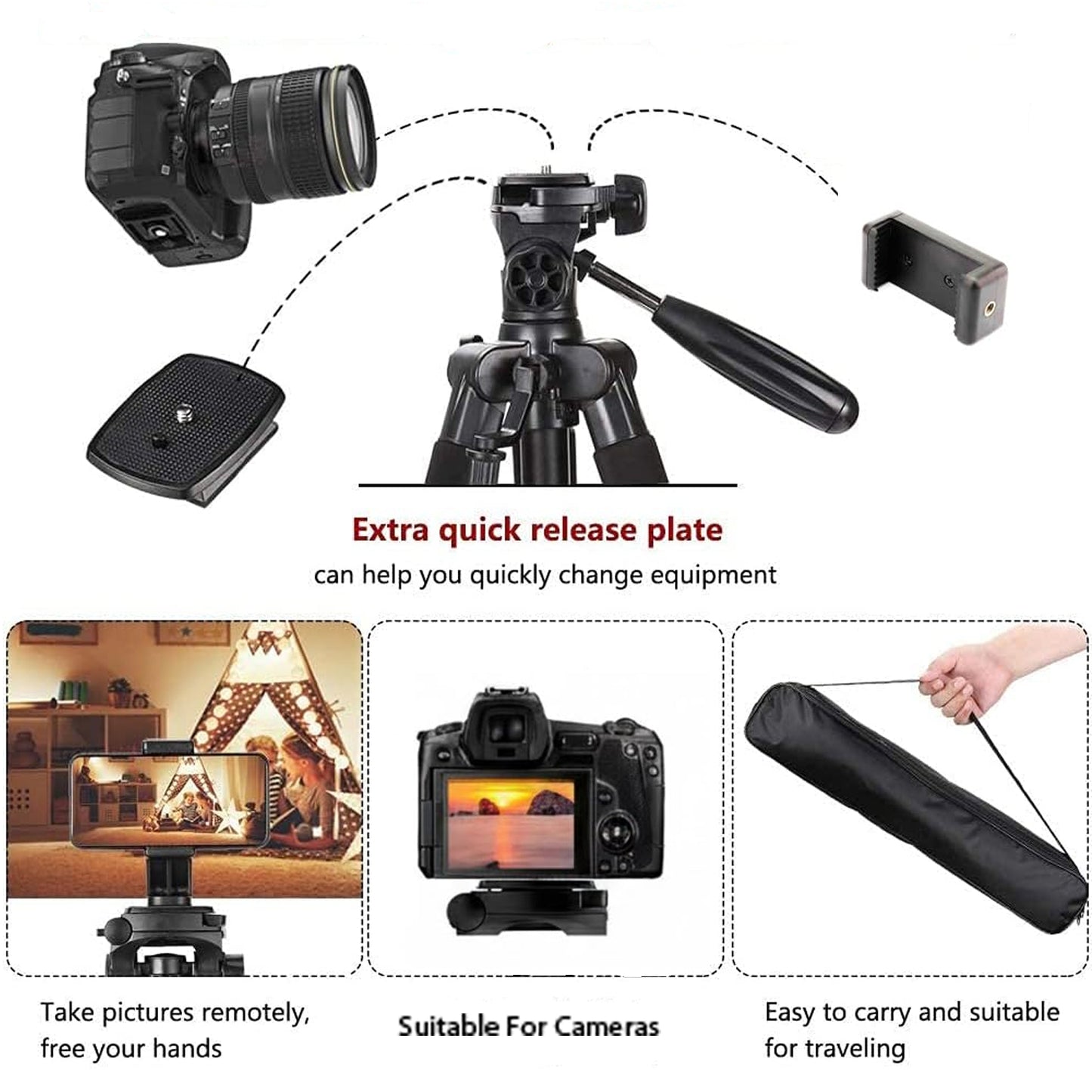 EYUVAA Adjustable Tripod Stand for Camera with 360° Rotation Mobile Holder| Aluminium Alloy Legs with Rubberized Feet & Flip Locks| Tripod for Mobile Phones, GoPro & Video Cameras