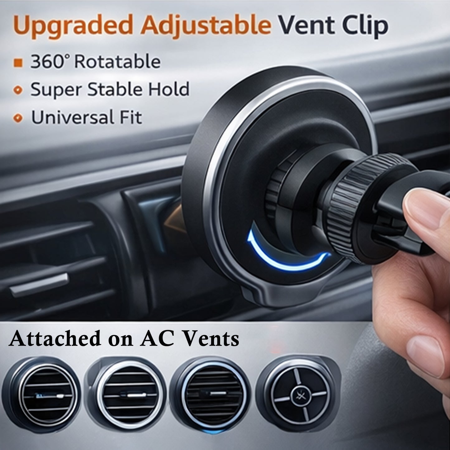 EYUVAA Magnetic Car Phone Holder with 15W Fast Wireless Charging, 360° Rotatable AC Vent & Dashboard Mount, Compatible with MagSafee & All Smartphones