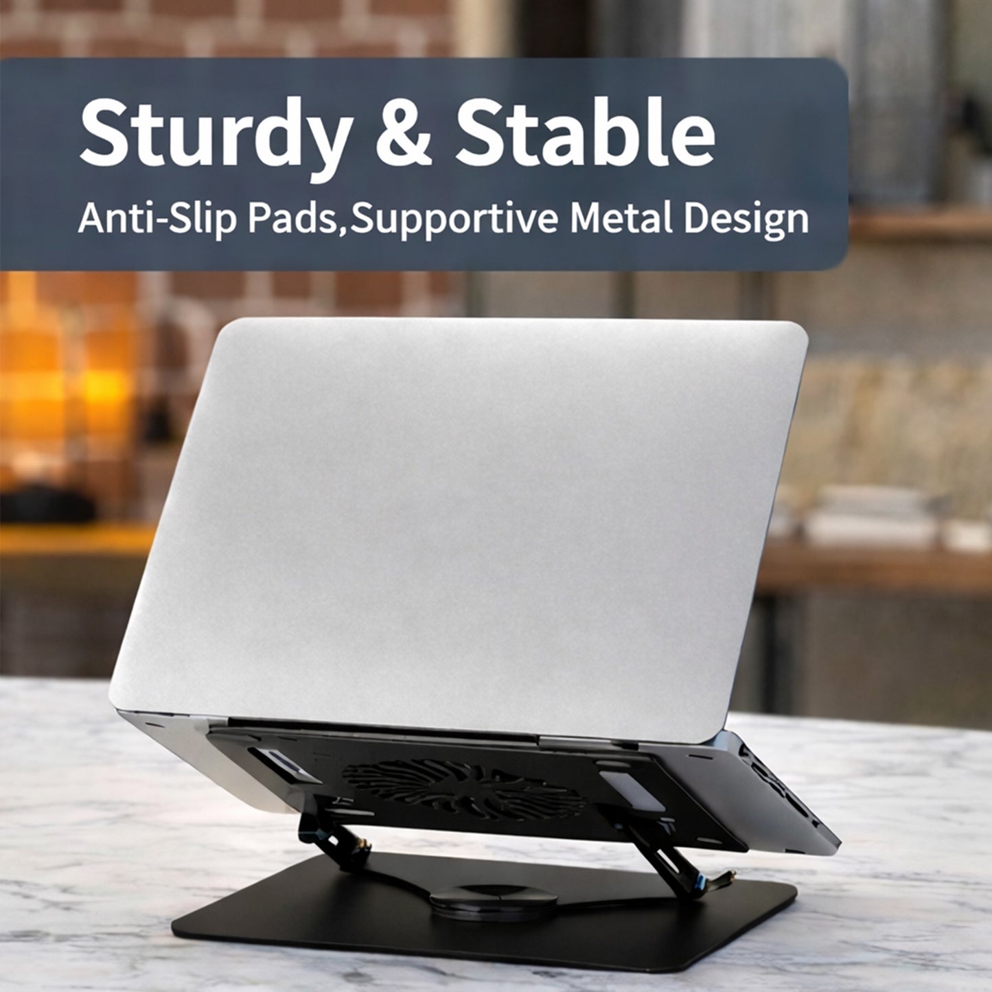 EYUVAA Metal Laptop Stand with Cooling Fan & RGB Light | 360° Rotation with Adjustable Height, Compatible with 10-17 inch Laptops Stand for Gaming, Table, Office (Black)