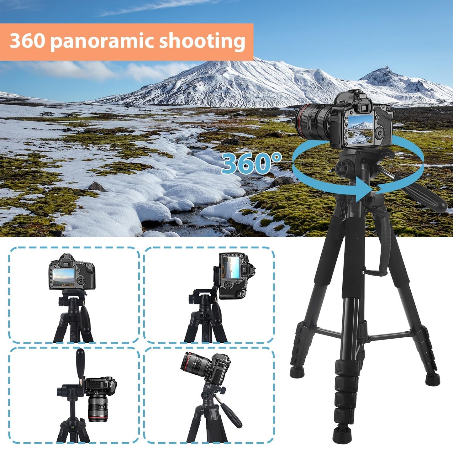 EYUVAA Adjustable Tripod Stand for Camera with 360° Rotation Mobile Holder| Aluminium Alloy Legs with Rubberized Feet & Flip Locks| Tripod for Mobile Phones, GoPro & Video Cameras