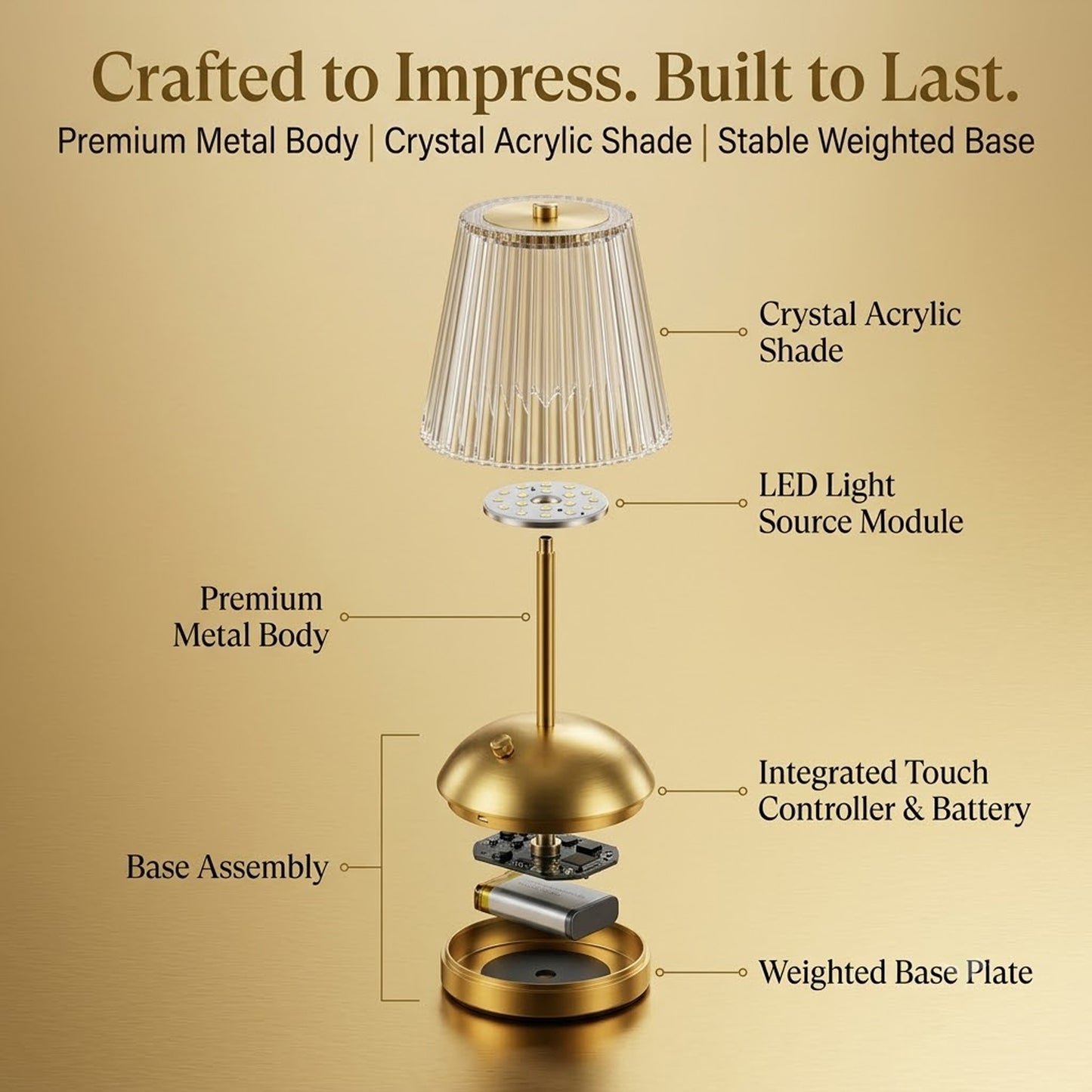 DECOVAA LED Table Lamp with 3-Colour Modes| USB Rechargeable Desk Lamp with Touch Sensor| Modern Crystal Table Lamp| Cordless Portable Bedside Lamp for Bedroom, Living Room, Office & Home Decor
