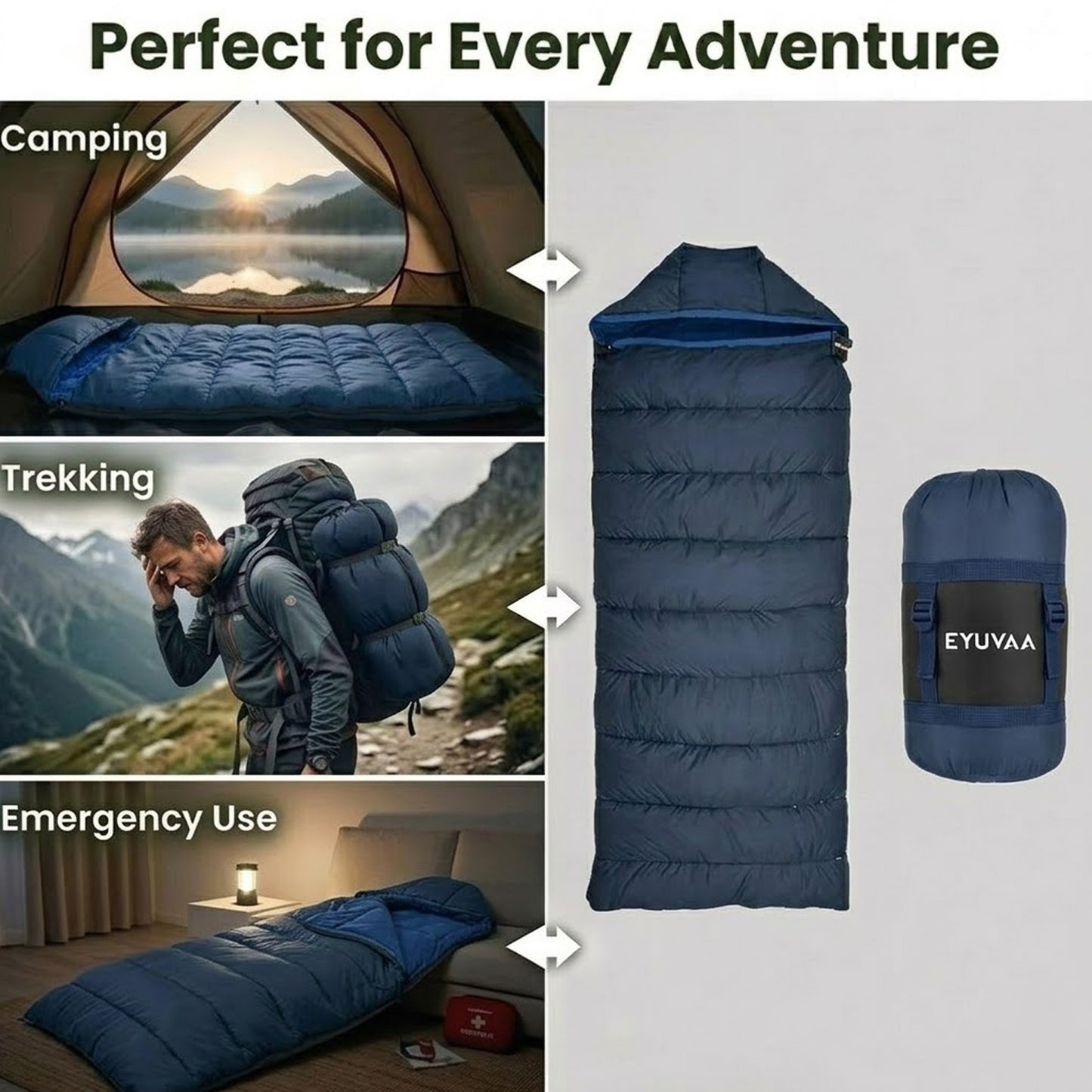 EYUVAA Camping Sleeping Bag for Adults| Lightweight Waterproof Bag with Hood for 0°C to +5°C| Portable & Compact Bed with Carry Bag for Travelling, Trekking & Hiking