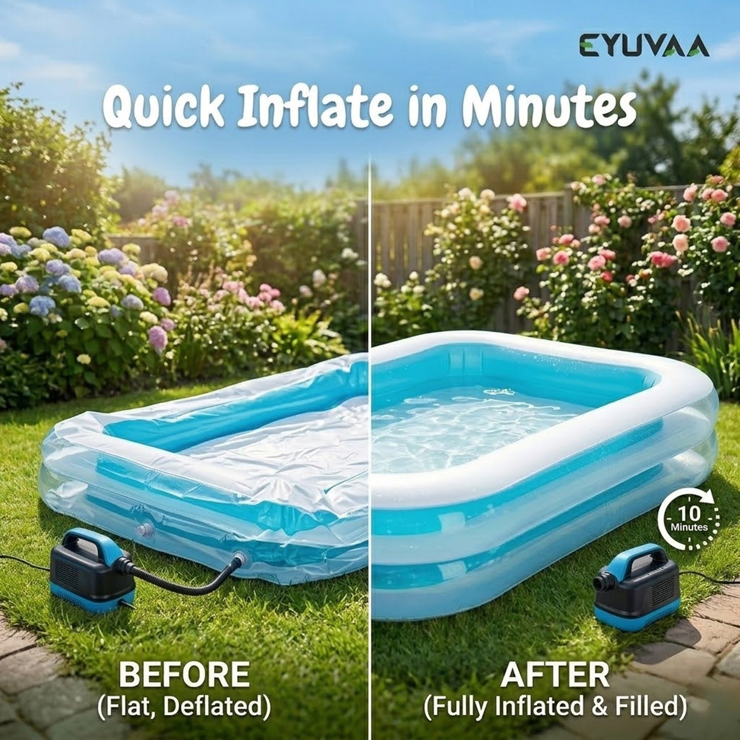 EYUVAA Inflatable Family Swimming Pool for Kids & Adults| Large Rectangular Pool (8.5 x 5.75 Feet) with 2 Air Chambers| Thick PVC Swimming Bathtub for Kids Playing, Backyard, Garden Use