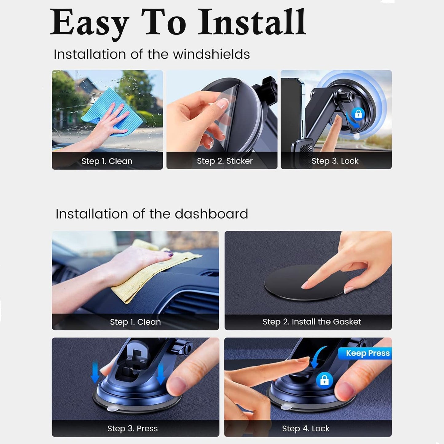 EYUVAA Car Mobile Phone Holder with Strong Suction Cup, Mobile Mount for Car, Adjustable 360° Rotating Phone Stand for Dashboard & Windshield, Compatible with All Smartphones