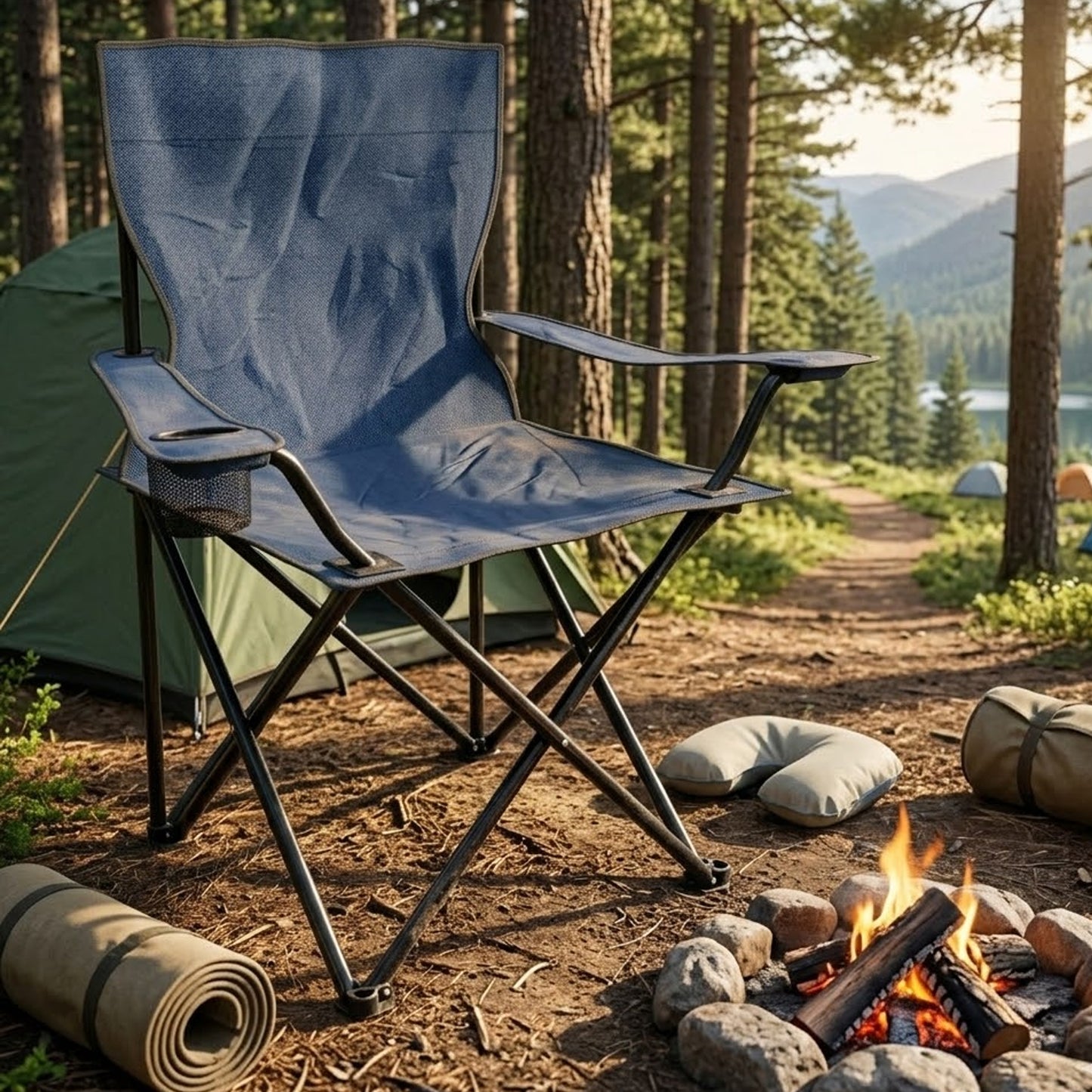 EYUVAA Foldable Camping Chair with Cup Holder| Portable and Lightweight Design & Heavy-Duty Fabric for Comfortable Seating| Folding Chair for Travelling, Camping, Picnic, Garden