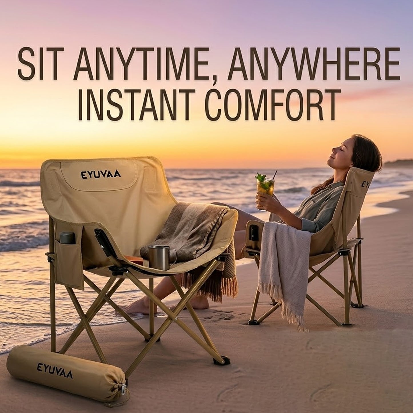 EYUVAA Heavy-Duty Camping Chair Foldable| Lightweight Portable with Side Pocket| Strong Steel Frame Holds up to 120 KG| Oxford Fabric Outdoor Chair for Hiking, Beach, Garden & Travel(Random Colour)
