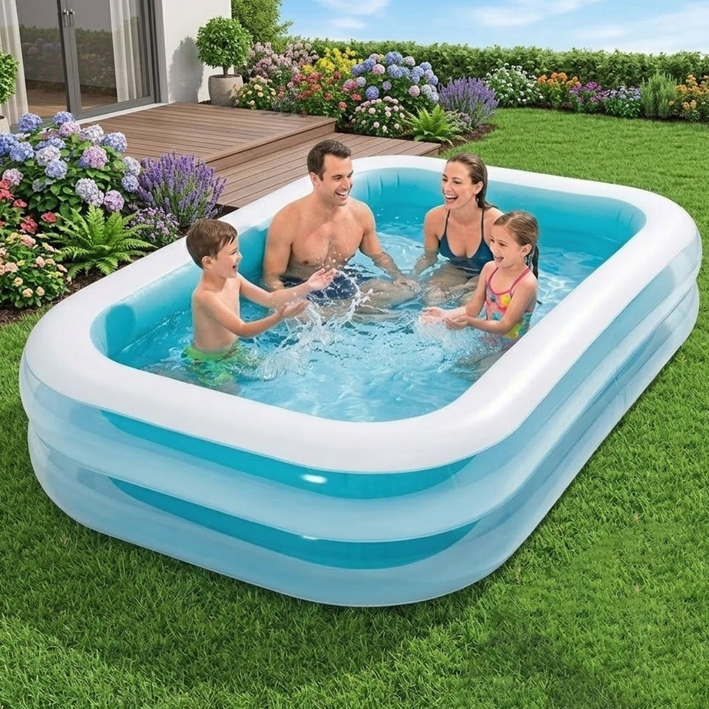 EYUVAA Inflatable Family Swimming Pool for Kids & Adults| Large Rectangular Pool (8.5 x 5.75 Feet) with 2 Air Chambers| Thick PVC Swimming Bathtub for Kids Playing, Backyard, Garden Use