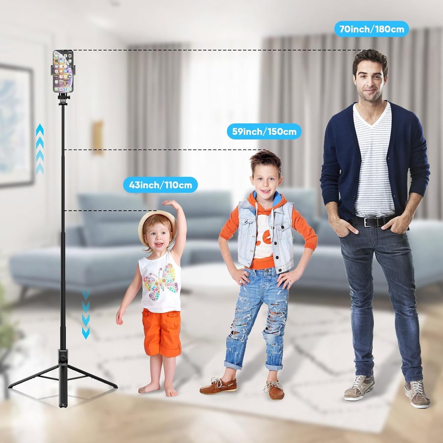 EYUVAA Portable Selfie Stick Tripod with Remote, Foldable & Extendable 70 inch/5.9 Feet Long Stick with 360° Rotation for Travel, Vlogging Compatible with All Smartphones